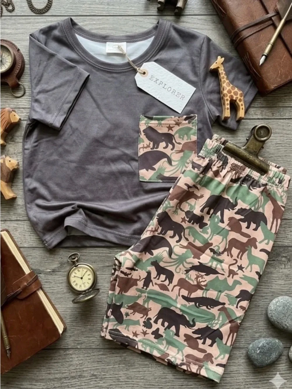 Explorer Gray Pocket Tee & Camouflage Animal Shorts Set for Kids